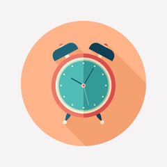 Retro alarm clock flat round icon with long shadows.