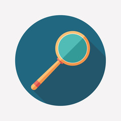 Magnifier flat round icon with long shadows.