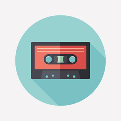 Audio cassette flat round icon with long shadows.