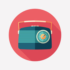 Blue vintage radio flat round icon with long shadows.
