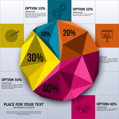 Pie chart in polygon style - business statistics with icons. 