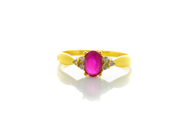 Ring of the jewelry with colourful sapphire on the white backgro