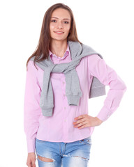 Young woman standing on the white background