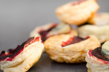 puff pastry with beetroot and cheese , selective focus