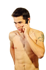 Naked man on phone isolated on white