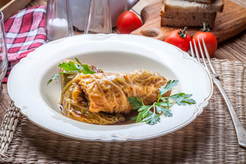 Dish of cabbage stuffed with meat.