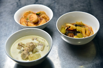 Chicken in coconut milk and galangal,Cod fish fillet with Sweet and Sour sauce
,Sweet and sour eggs It is a very delicious food of the country Thailand
