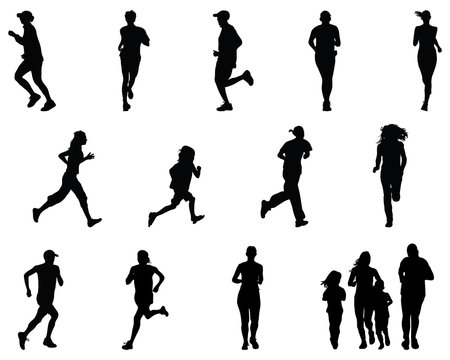 Big set of black silhouettes of runners, vector