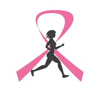 Silhouette of running woman and pink ribbon