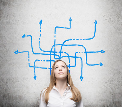 A Beautiful Young Lady Is Pondering About Possible Solutions Of The Complicated Problem. Many Blue Arrows With Different Directions Are Drawn Around Her Head. Concrete Wall As A Background.