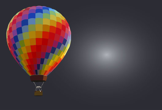 Colorful hot air balloons against gray background with space for text.
