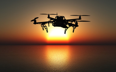 3D drone flying above a sunset sea - obrazy, fototapety, plakaty