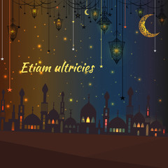 Greeting card with a silhouette of a mosque and vintage lanterns