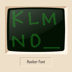Hacker ASCII character font set on computer display. Vector image
