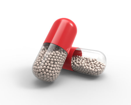 Red capsule with the granules of drugs inside 3D