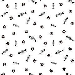 Seamless vector background with fish bones and cat's paws on white.