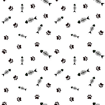 Seamless vector background with fish bones and cat's paws on white.