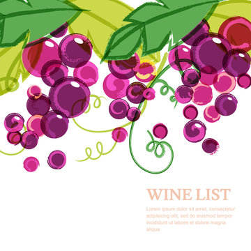 Pink ripe grape vine with green leaves. Abstract vector watercol