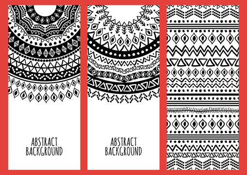 Set of vector banners with black tribal ornament background. Han