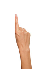Woman hand pointing up with index finger 