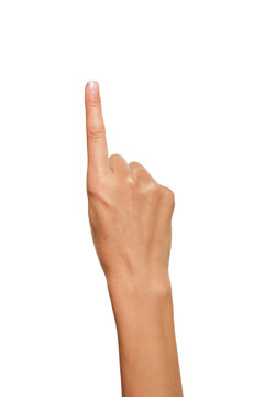 Woman hand pointing up with index finger 