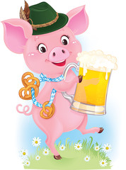 Cute dancing piglet is holding beer glass and pretzels © Solaie
