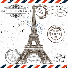 3).Bonjour Paris. Imitation of vintage post card with Eiffel tow © Mary fleur
