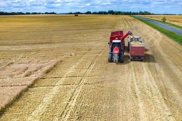 Combines and tractors working on the wheat field