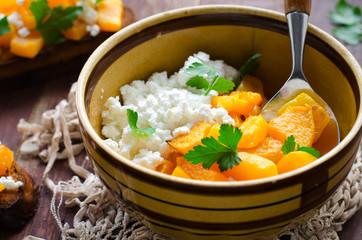 Grilled pumpkin with homemade cheese and herbs