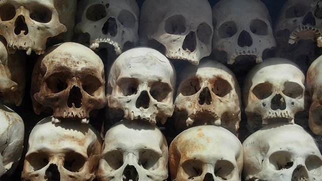 Skulls of victims of the Khmer Rouge at the Killing Fields of Choeung Ek in Phnom Penh, Cambodia.