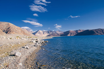 Fototapeta na wymiar Pangong Lake in Ladakh, Jammu and Kashmir State, India. Pangong Tso is an endorheic lake in the Himalayas situated at a height of about 4,350 m