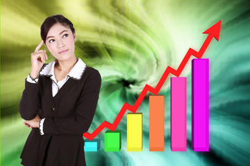 Business woman thinking with business graph