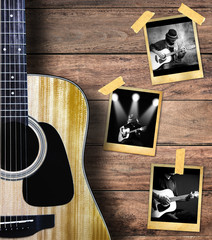 Fototapeta premium Guitar and guitarist photo photo frame on wood background.