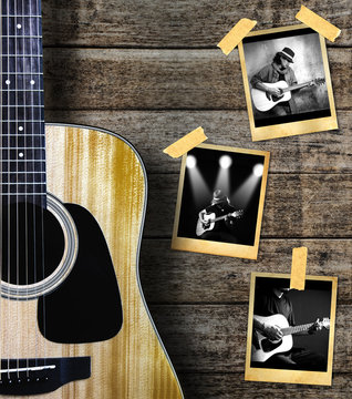 Guitar and guitarist photo photo frame on wood background.