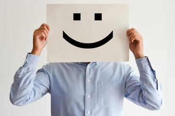 Career happiness with employee holding a blank paper and a smiley