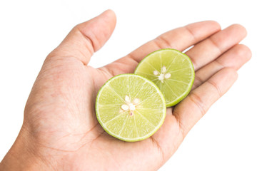 half lemon in man hand on white background isolated.