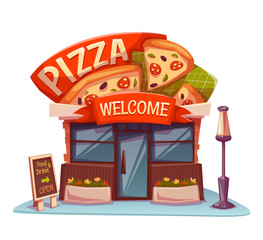 Pizzeria building with bright banner. Vector illustration - obrazy, fototapety, plakaty