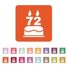 The birthday cake with candles in the form of number 72 icon. Birthday symbol. Flat
