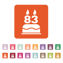 The birthday cake with candles in the form of number 83 icon. Birthday symbol. Flat