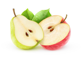 Red apple and yellow pear isolated on white, with clipping path