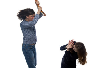 Angry young man with balalaika and woman