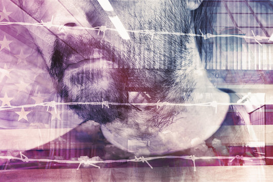 Double exposure portrait of adult male American