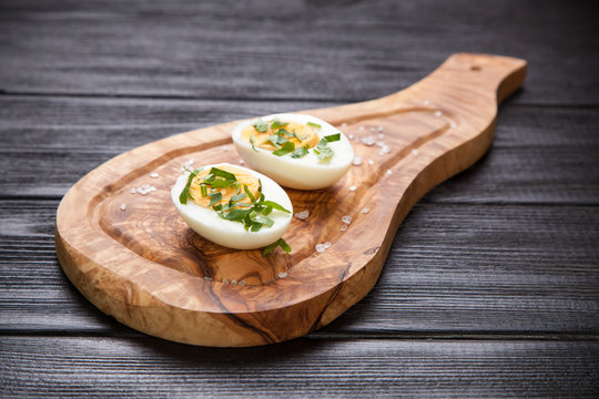 Boiled eggs on a cutting board