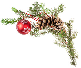 twig spruce tree with cone and red ball on white