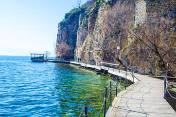 view from the wooden plankwalk connecting center of unesco listed macedonian tow ohrid to the...