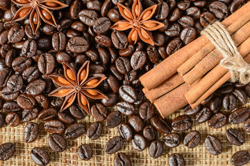 coffee beans and cinnamon sticks