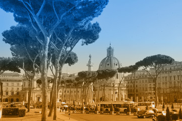 Fototapeta na wymiar Two-color postcard with view of Rome 