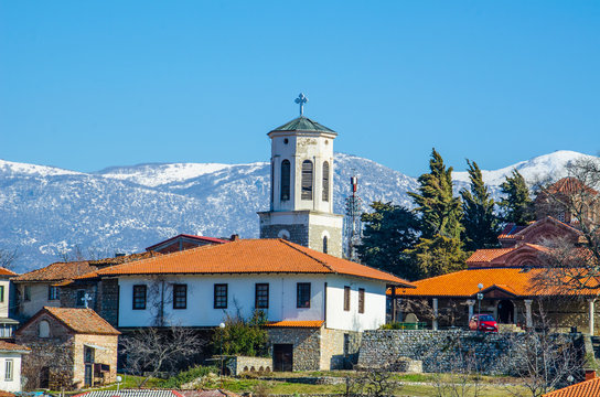 the belltower of Church St. Bogorodica Perivlepta dominates old Ohrid, Republic of Macedonia