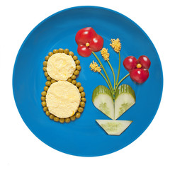 Children's meal - 8 March. Omelette with green peas and vegetables in the shape of a vase with...