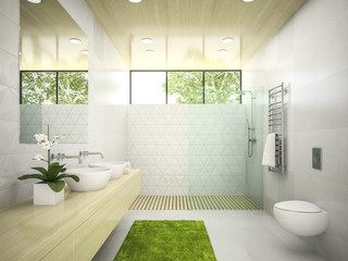 Fototapeta na wymiar Interior of bathroom with wooden ceiling 3D rendering 5
